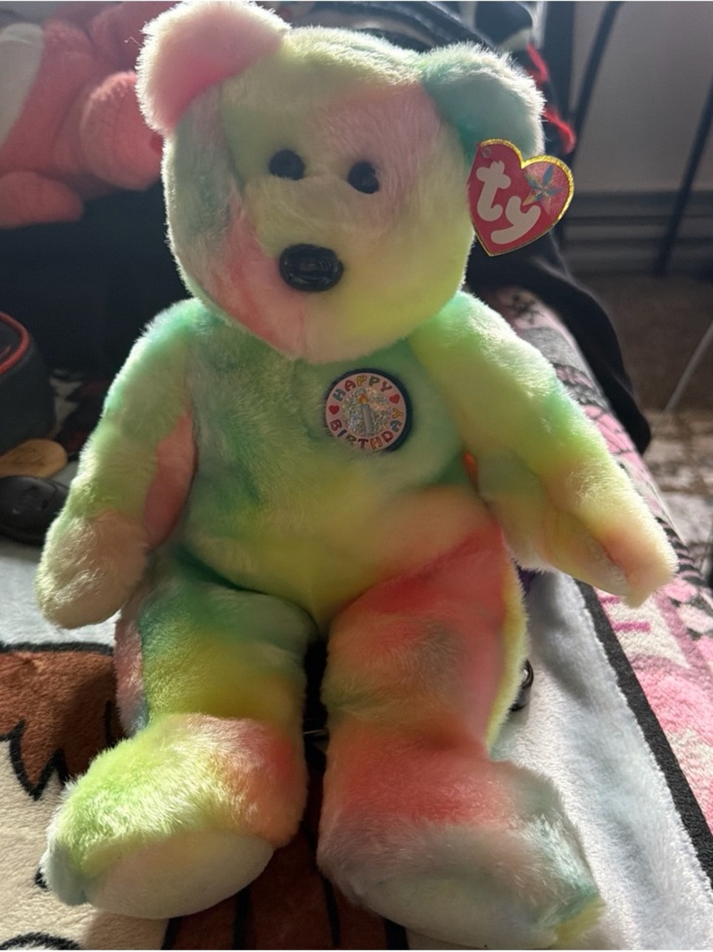 Ty Multicolor 'Happy Birthday' Tie-Dye Plush Bear - Green Pink Yellow Blue